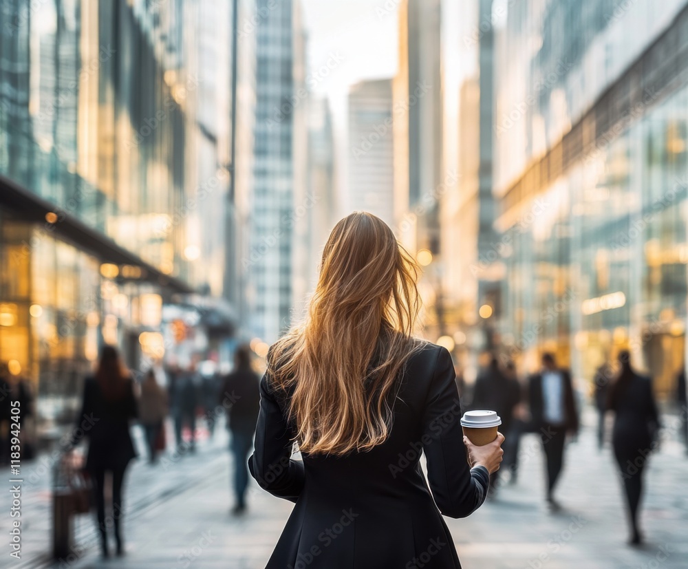 Fototapeta premium Woman walks through a bustling city street holding a coffee cup during golden hour