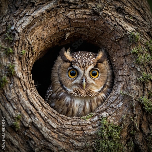 A baby owl peeking out of a tree hollow.