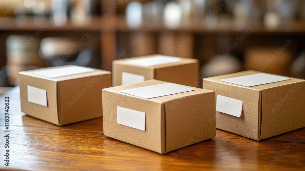 Fototapeta premium Small Cardboard Packages Ready for Shipping on Wooden Table