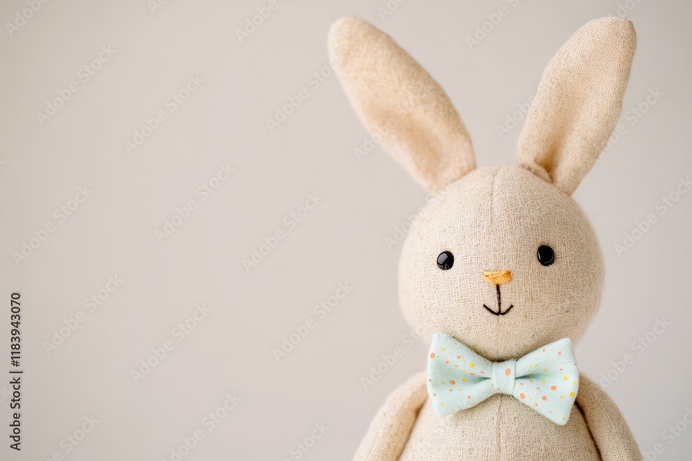 Obraz premium Adorable Handmade Bunny Toy with Colorful Bow Tie on Mint Green Background