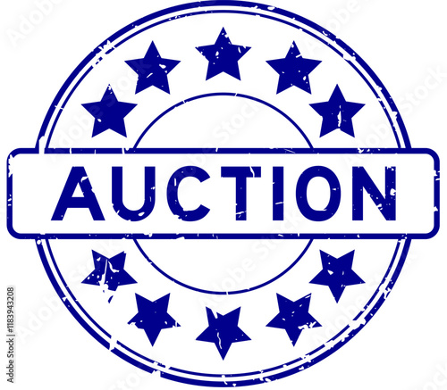 Grunge blue word auction with star icon round rubber seal stamp on white background