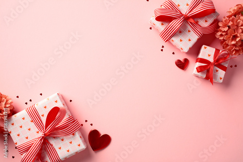 Valentine's Day pink background with stylish gift boxes and red hearts. Flat lay, top view, copy space. photo