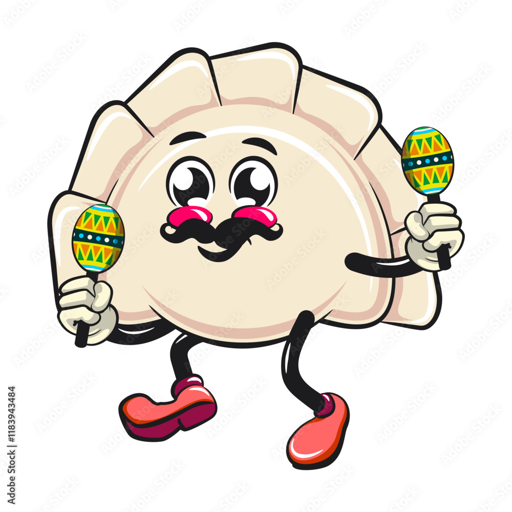 Naklejka premium Cute gyoza dumpling vektor illustration mascot character with moustache playing maracas, Xiao Long Bao, Asian, Chinese food, work of hand drawn