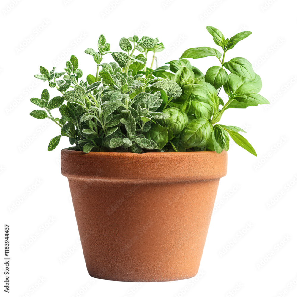 Herb-filled terracotta pot on a clean white surface, showcasing vibrant greens against a minimalist backdrop Herb-filled terracotta pot on a clean white surface, showcasing vibrant greens against a minimalist backdrop