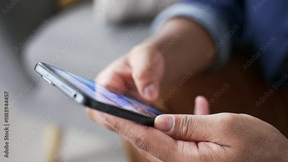 Close up of male hands holding mobile phone sitting on sofa at home. Man uses smartphone, browses social media, scrolls searches for information on the internet, online web user of technology Close up of male hands holding mobile phone sitting on sofa at home. Man uses smartphone, browses social media, scrolls searches for information on the internet, online web user of technology