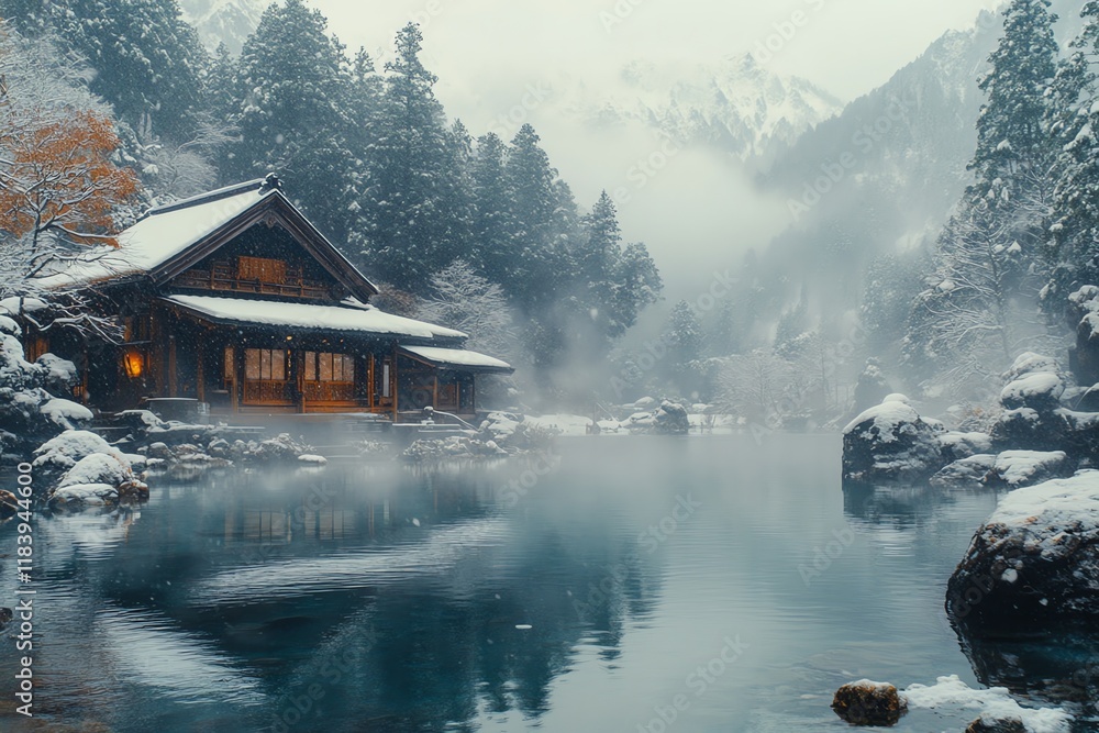 Fototapeta premium Serene Winter Cabin by Misty Lake: A Tranquil Japanese Landscape