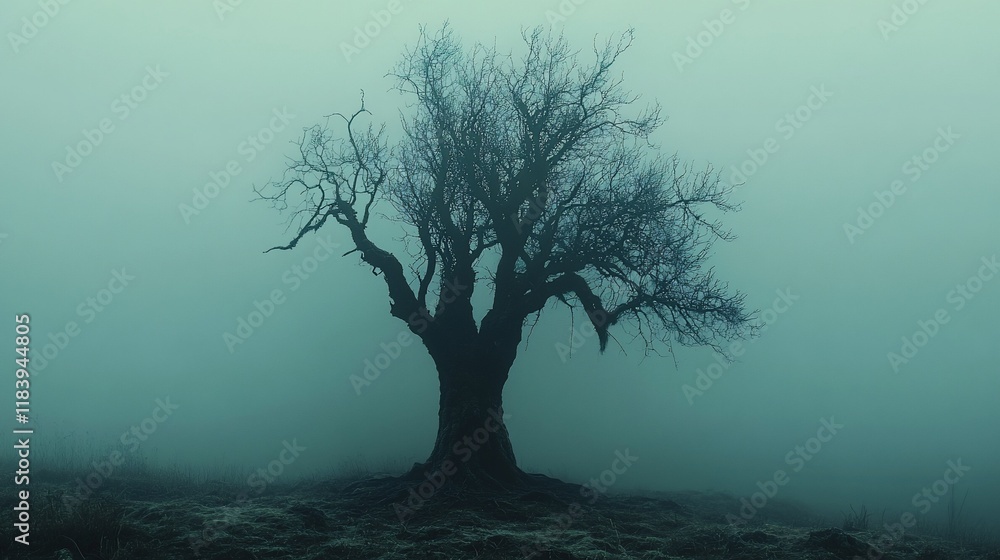 Lone tree, foggy field, eerie atmosphere, autumn, film Lone tree, foggy field, eerie atmosphere, autumn, film