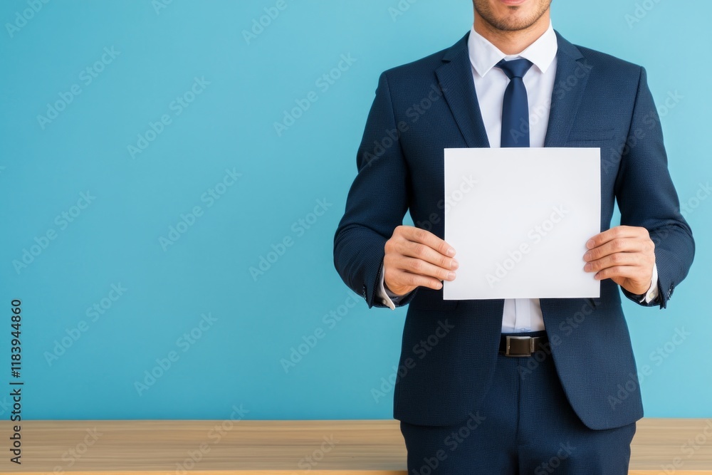 Man in a suit holding a blank paper against a blue wall. Man in a suit holding a blank paper against a blue wall.