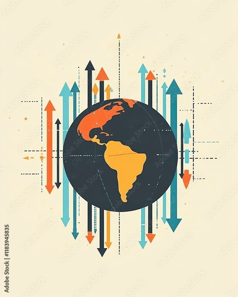 Emerging economies, globe with upward lines and arrows, flat design illustration Emerging economies, globe with upward lines and arrows, flat design illustration