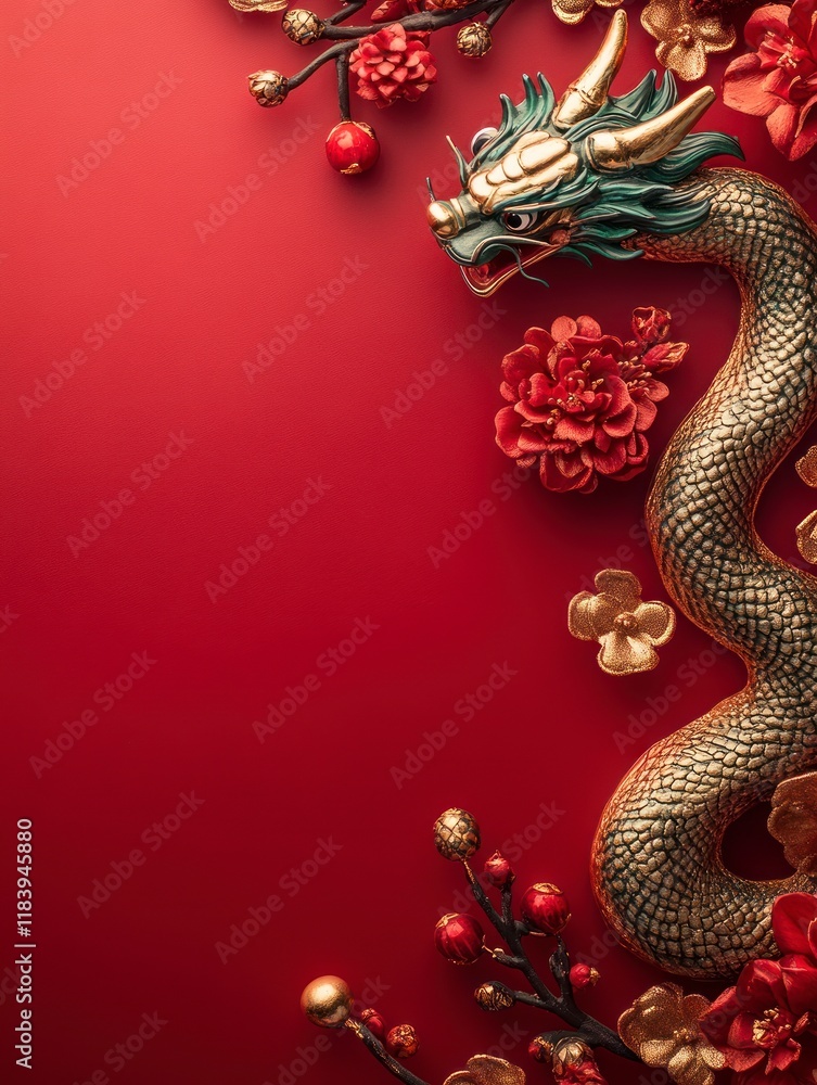 custom made wallpaper toronto digitalVibrant Chinese New Year Theme with Ornate Dragon and Floral Decorations Against a Rich Red Background for Celebratory Designs