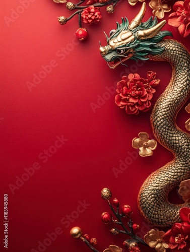 Wallpaper Mural Vibrant Chinese New Year Theme with Ornate Dragon and Floral Decorations Against a Rich Red Background for Celebratory Designs Torontodigital.ca