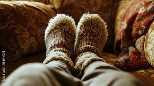 Close-up of fuzzy socks adorning cozy feet resting comfortably on a plush couch, creating a warm and inviting atmosphere that embodies the spirit of National Sock Day  photo