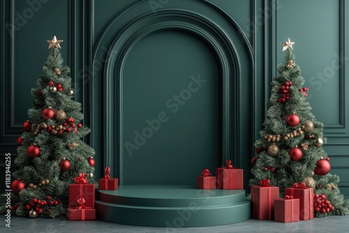 Empty podium for product display surrounded by Christmas decorations, red and green