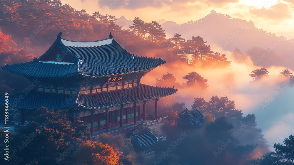 Obraz premium Serene Mountain Temple: Misty Sunrise, Autumn Hues, Traditional Korean Architecture