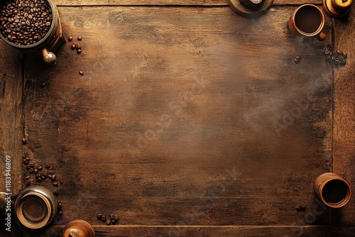 Aromatic Coffee Beans and Cups on Rustic Wooden Table photo