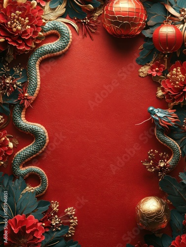 Wallpaper Mural Vibrant Red Festive Border with Chinese Decorations for Celebrating the Lunar New Year Featuring Floral Elements and a Serpent Theme Torontodigital.ca