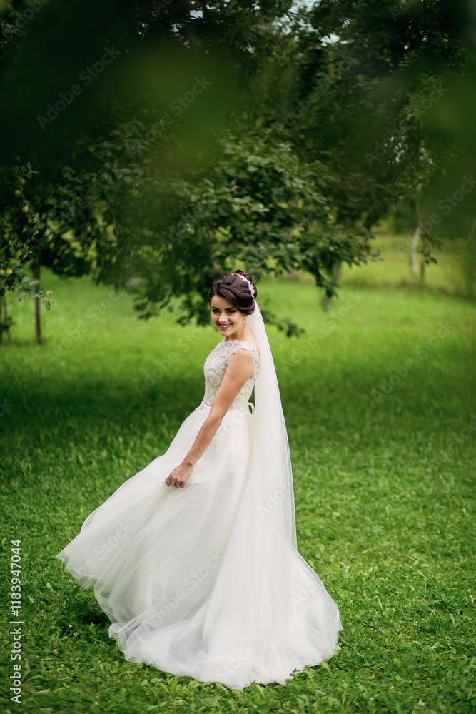 A bride is standing in a field of grass, wearing a white dress and a veil. She is smiling and she is enjoying the moment A bride is standing in a field of grass, wearing a white dress and a veil. She is smiling and she is enjoying the moment