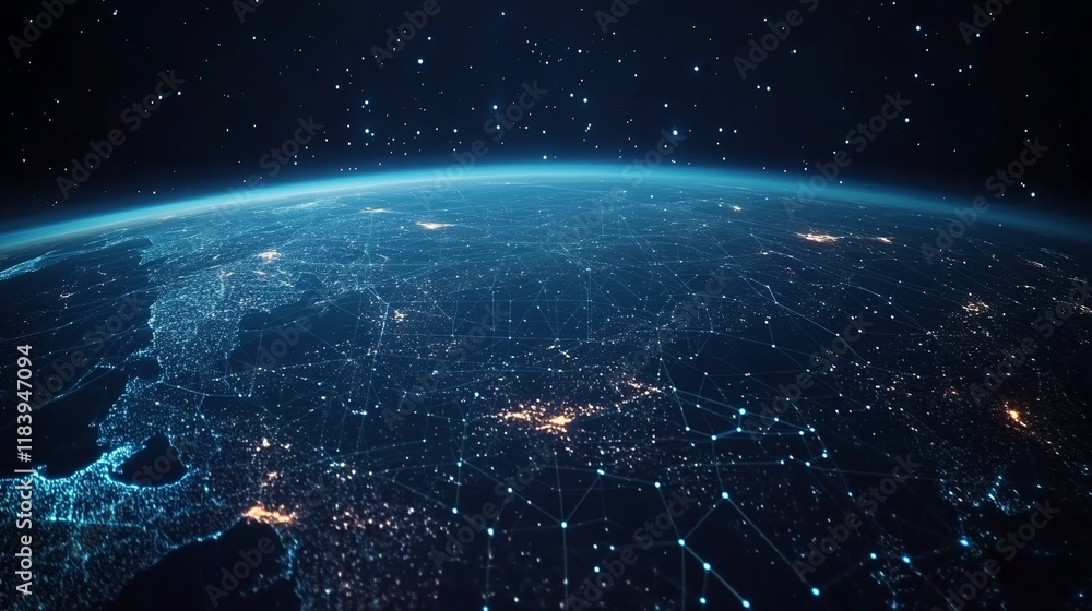 Fototapeta premium A digital representation of Earth from space, showcasing interconnected networks and lights.
