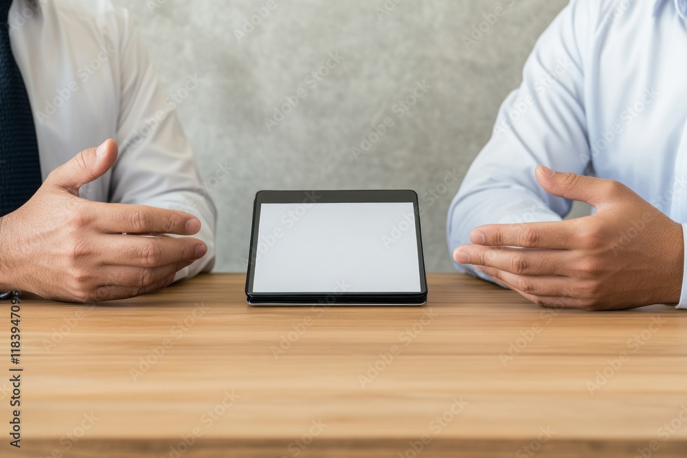 Two men discussing over a blank document on a wooden table. Two men discussing over a blank document on a wooden table.