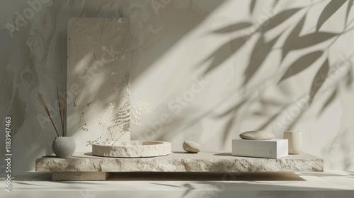 Sleek product display with stone, minimalistic design, and natural leaf shadows