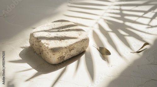 Product display featuring a stone, minimalist approach, and raw photo aesthetic with leaf shadows