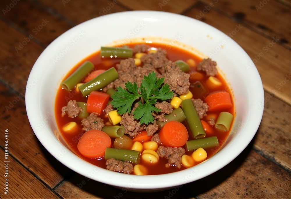 Cozy Kitchen Table Setting with a Delicious Bowl of Weight Watchers Vegetable Hamburger Soup, Featuring Lean Ground Beef and Colorful Vegetables Cozy Kitchen Table Setting with a Delicious Bowl of Weight Watchers Vegetable Hamburger Soup, Featuring Lean Ground Beef and Colorful Vegetables