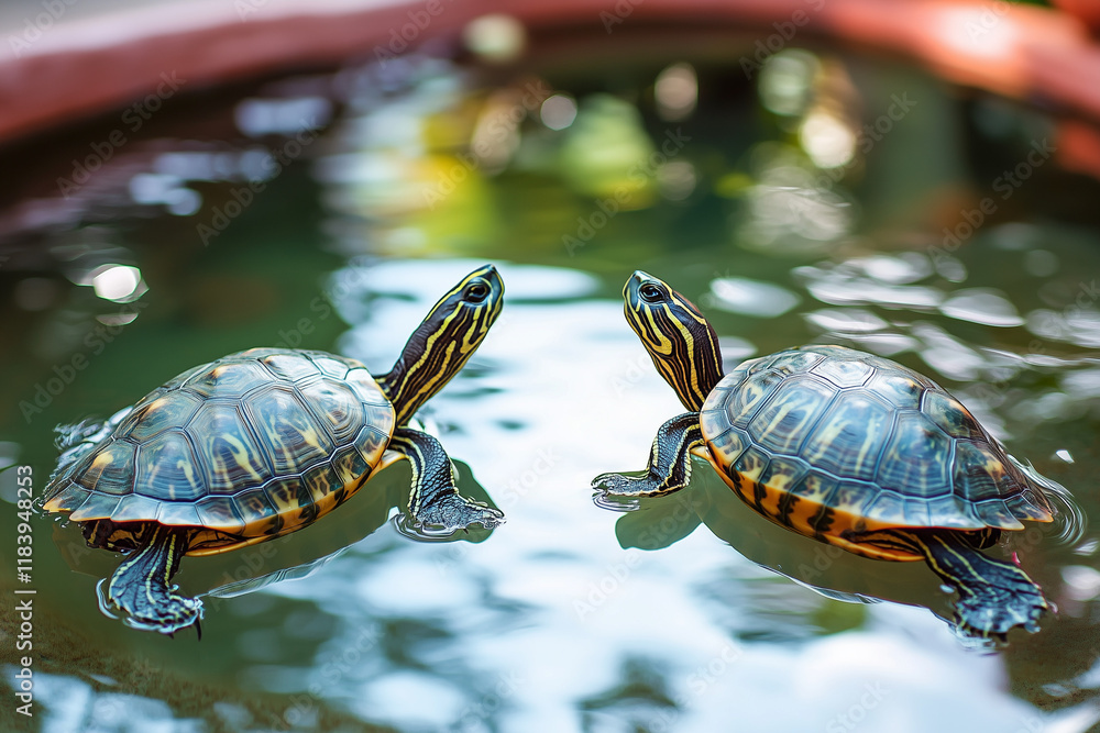 A pair of turtles gazing at a heart-shaped pool of water, postcard design with empty space for greeting. Valentine concept, veterinary A pair of turtles gazing at a heart-shaped pool of water, postcard design with empty space for greeting. Valentine concept, veterinary