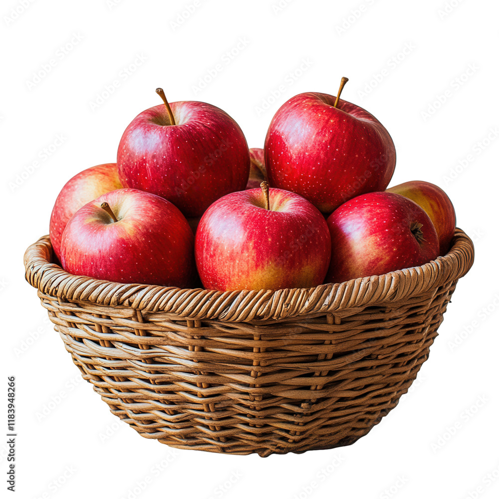 Woven basket brimming with fresh apples against a clean white backdrop, ideal for culinary themes and vibrant still-life compositions Woven basket brimming with fresh apples against a clean white backdrop, ideal for culinary themes and vibrant still-life compositions