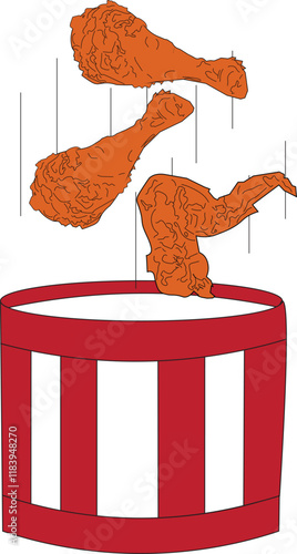 3 pieces of fried chickens are dropping to the bucket.