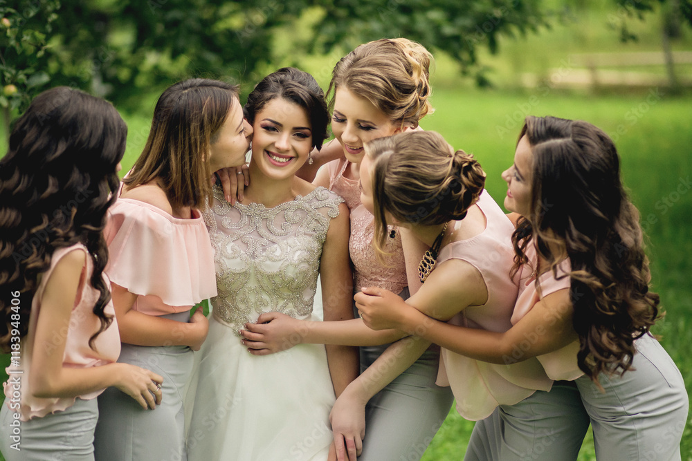 A group of women are posing for a picture, with one of them wearing a wedding dress. Scene is happy and celebratory, as the women are smiling and hugging each other A group of women are posing for a picture, with one of them wearing a wedding dress. Scene is happy and celebratory, as the women are smiling and hugging each other