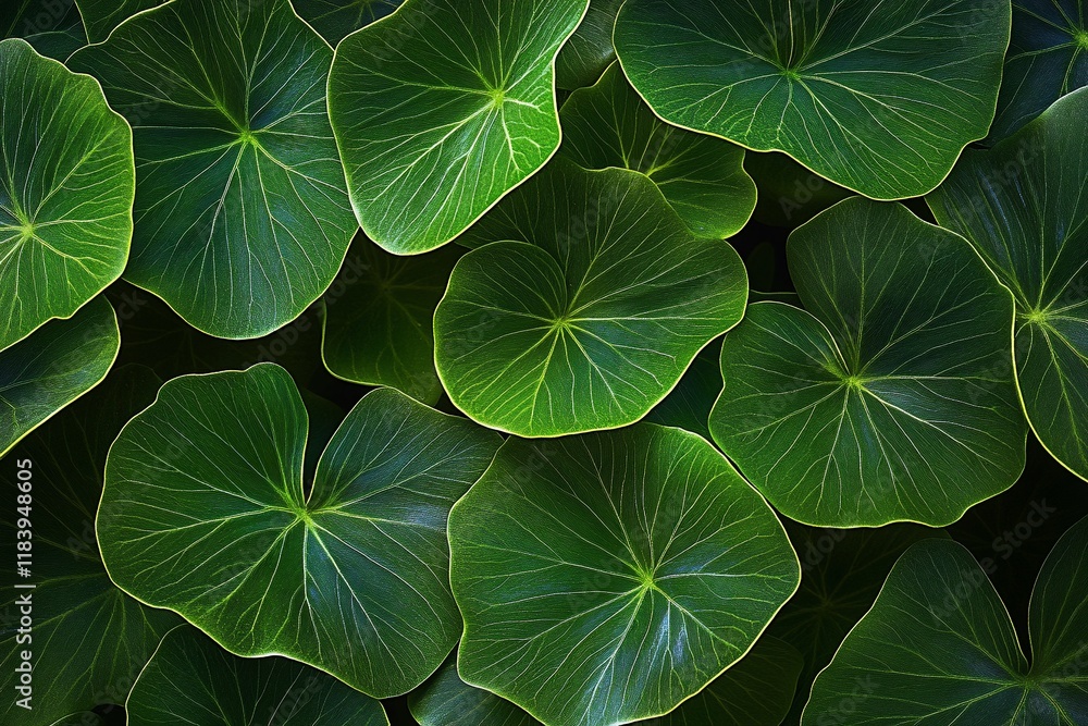 Lush green leaves, vibrant texture, natural background.