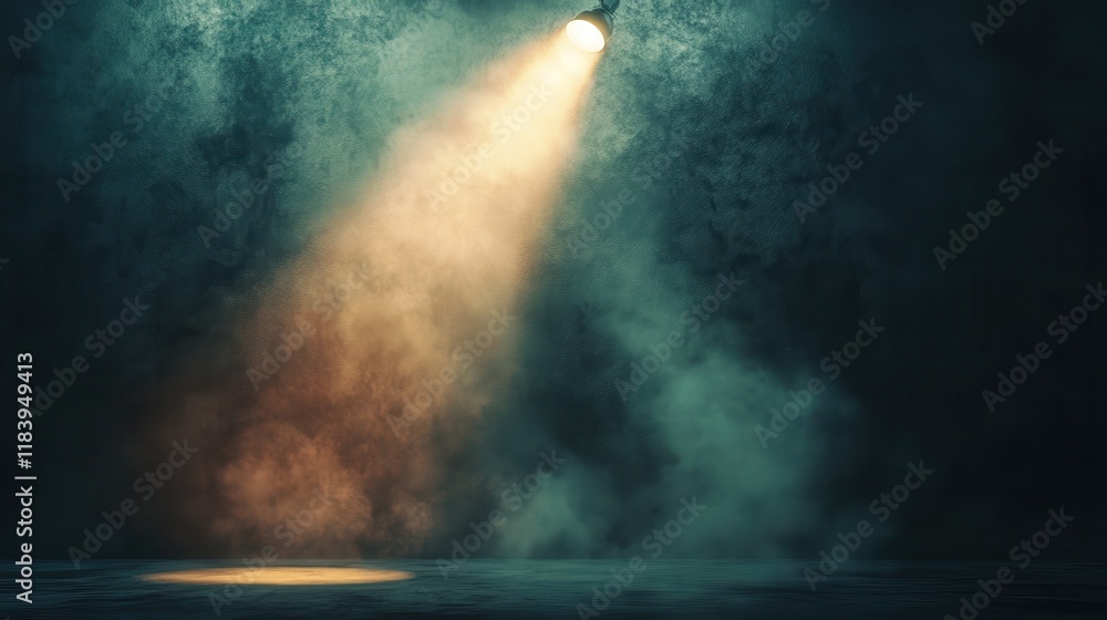 Obraz premium Glowing spotlight against abstract grunge wall with smoke and copy space. Event concept. 3D Rendeirng.