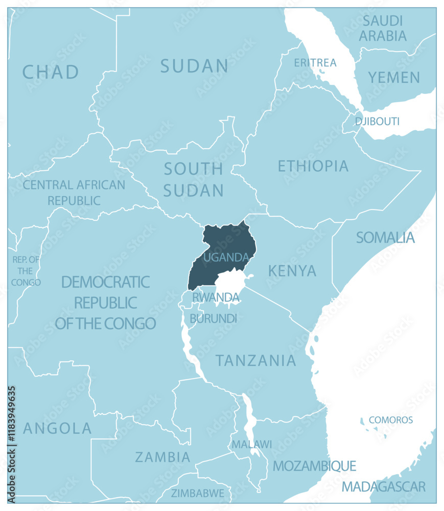 Obraz premium Uganda - blue map with neighboring countries and country names. Vector illustration