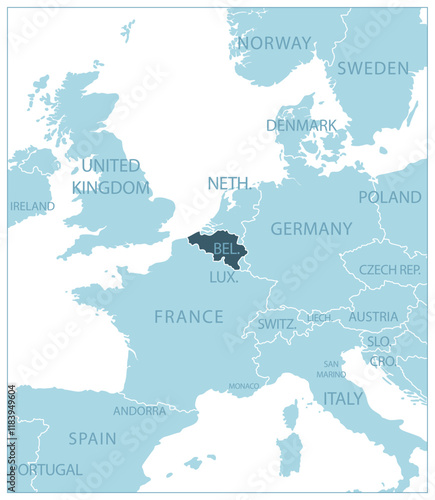 Belgium - blue map with neighboring countries and country names. Vector illustration