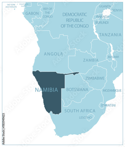 Namibia - blue map with neighboring countries and country names. Vector illustration
