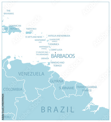 Barbados - blue map with neighboring countries and country names. Vector illustration