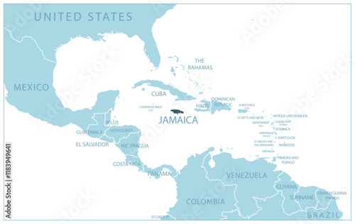 Jamaica - blue map with neighboring countries and country names. Vector illustration