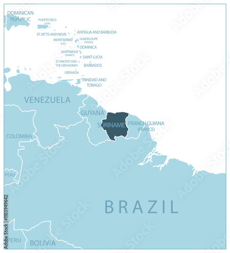 Suriname - blue map with neighboring countries and country names. Vector illustration