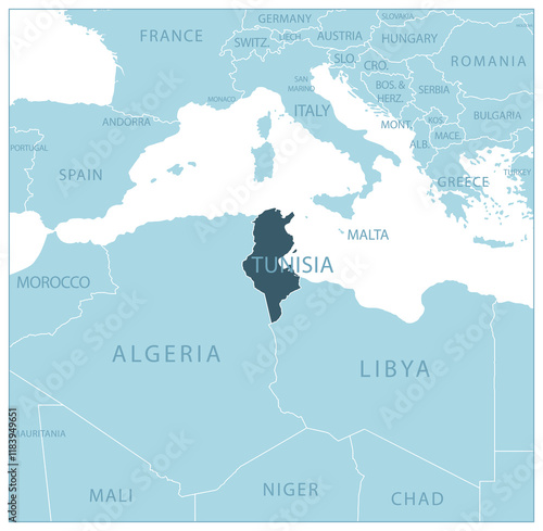 Tunisia - blue map with neighboring countries and country names. Vector illustration