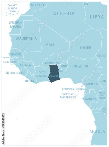 Ghana - blue map with neighboring countries and country names. Vector illustration