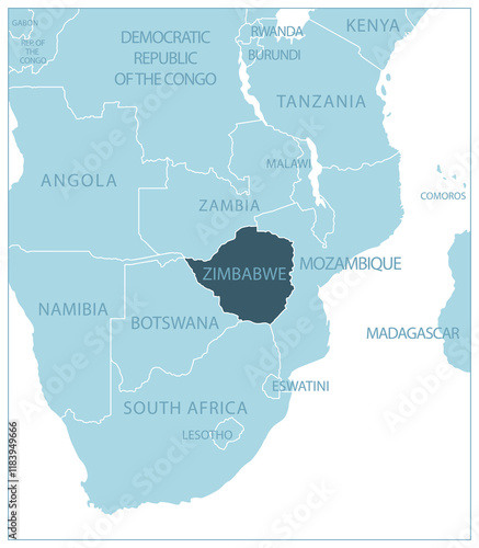 Zimbabwe - blue map with neighboring countries and country names. Vector illustration