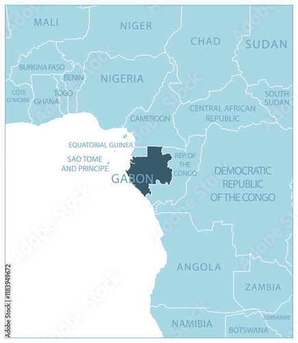 Gabon - blue map with neighboring countries and country names. Vector illustration