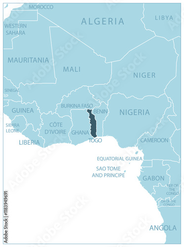 Togo - blue map with neighboring countries and country names. Vector illustration