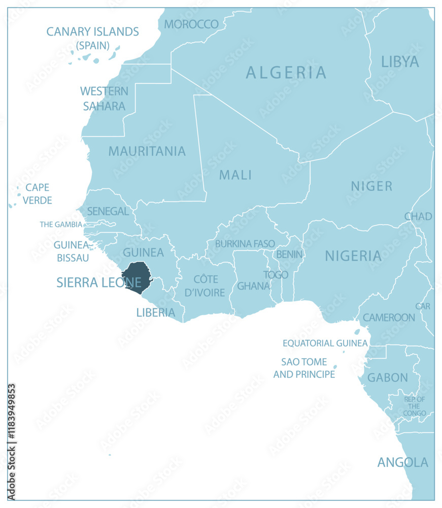 Sierra Leone - blue map with neighboring countries and names. Vector illustration Sierra Leone - blue map with neighboring countries and names. Vector illustration