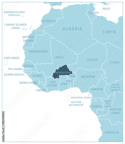 Burkina Faso - blue map with neighboring countries and names. Vector illustration