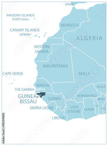 Guinea-Bissau - blue map with neighboring countries and country names. Vector illustration
