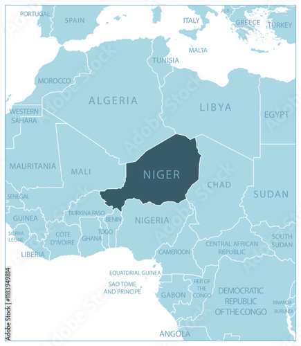 Niger - blue map with neighboring countries and names. Vector illustration