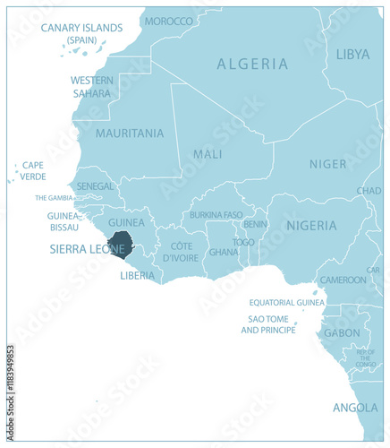 Sierra Leone - blue map with neighboring countries and names. Vector illustration