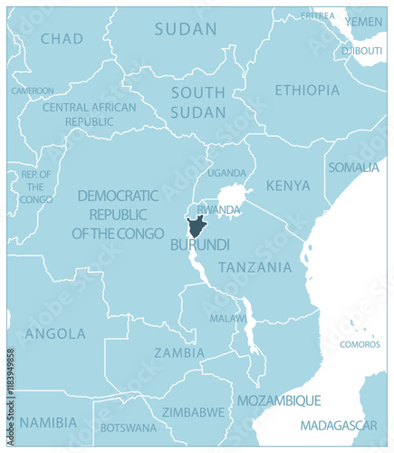 Burundi - blue map with neighboring countries and names. Vector illustration