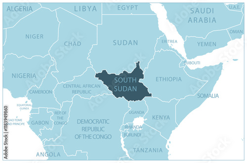 South Sudan - blue map with neighboring countries and names. Vector illustration